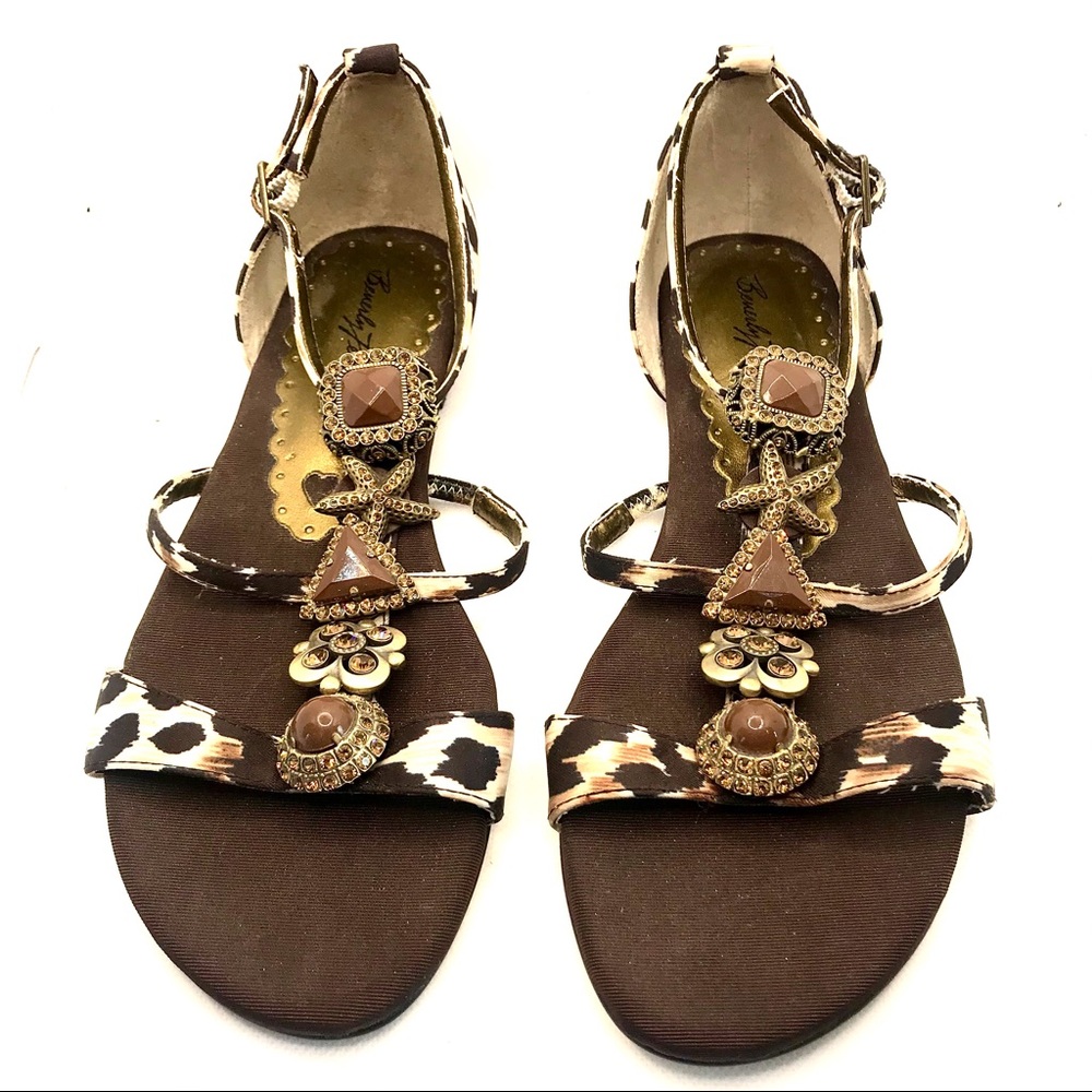 BEVERLY FELDMAN JEWELED ANIMAL PRINT AND OCEAN THEMED BROWN SANDALS (6)